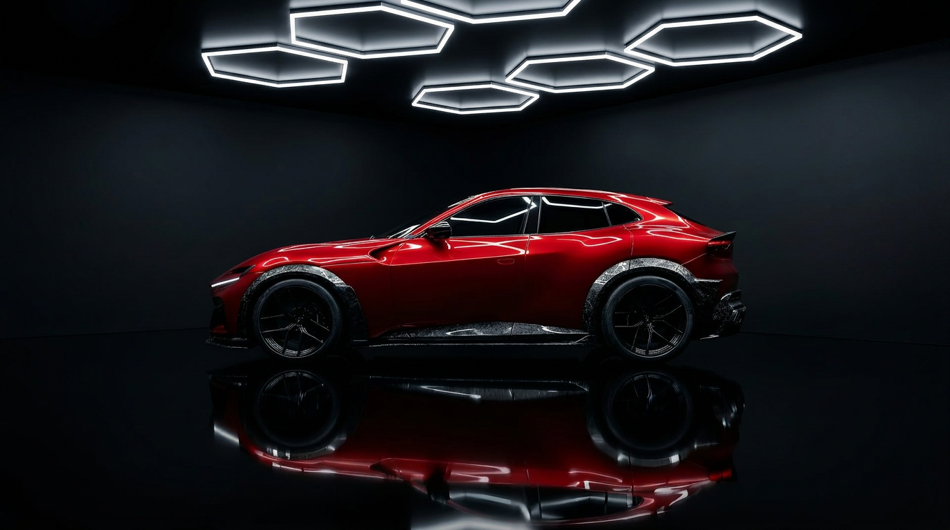 MONERO bespoke luxury performance vehicle in dark hexagon-lit studio