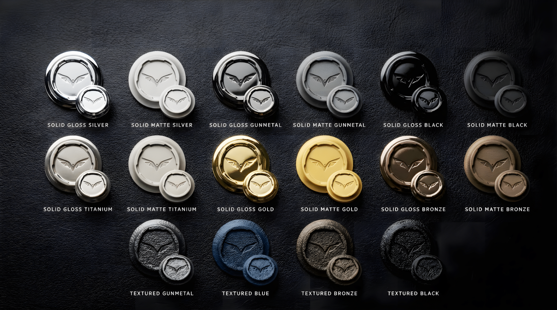 Monero finishes — solid gloss and matte silver, gunmetal, black, titanium, gold, bronze, plus textured gunmetal, blue, bronze and black